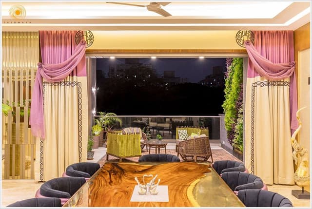 Dining-Room-incorporating-10-Seater-Wooden-Resin-Dining-Table-Pink-Violet-Coloured-Semi-Circular-Tufted-Upholstered-Dining-Chairs1 Swiper Content 1