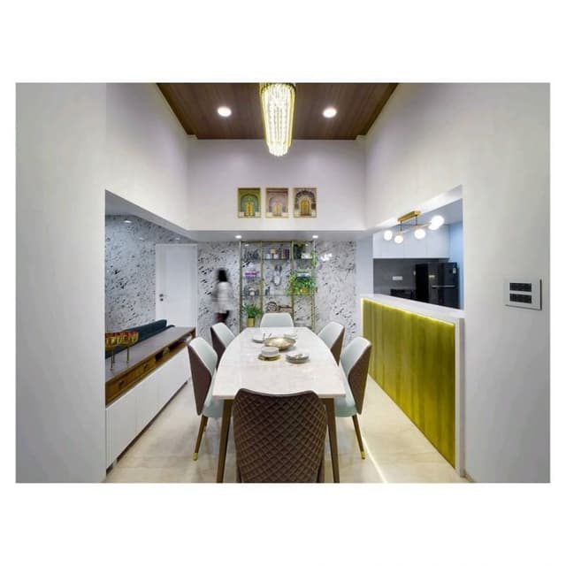 Dining-Room-incorporating-6-Seater-Dining-Table-with-White-Marble-Tabletop-Cushioned-Wooden-Dining-Chairs-Golden-Metal-Rack Swiper Content 0