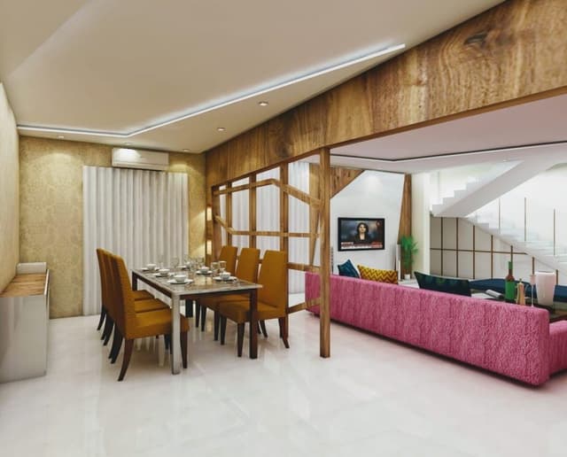 Dining-Room-separated-by-Living-Room-through-Wooden-Partition-incorporates-6-Seater-Wooden-Dining-Table-Orange-Cushioned-Dining-Chairs-Floor-Mounted-Wooden-Cabinet. Swiper Content 0