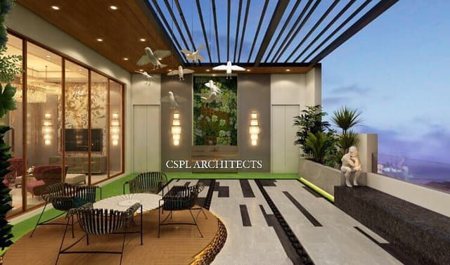 Elegant-Balcony-with-Pergolas-Wooden-Ceiling-with-Recessed-Lights-Metal-Chairs-with-Coffee-Table-on-a-Raised-Platform-Planters Swiper Content 1
