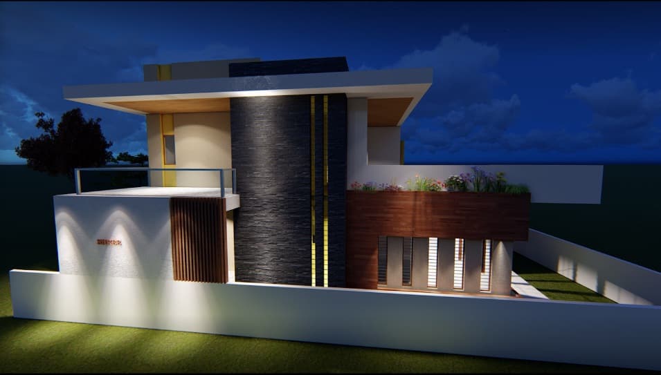Exterior-Night-View-of-G1-Contemporary-styled-Bungalow-with-Flat-Roof Design Detail Banner 0