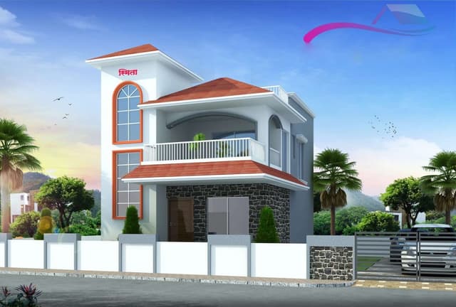 Exterior-View-of-2-Storeyed-Bungalow-with-a-Pyramidal-Shaped-Sloping-Roof-in-Red-Railing-for-Balcony-on-First-Floor-Stone-Finish-for-Wall-in-Verandah Swiper Content 0