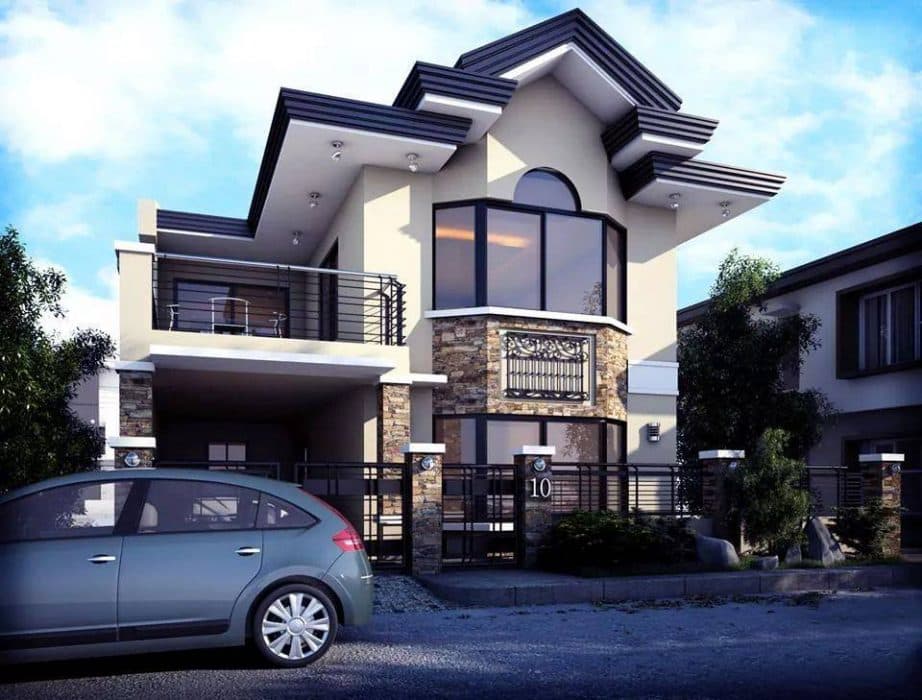 Exterior-View-of-G1-Storeyed-Bungalow-with-White-Navy-Blue-Colour-for-the-Facades-with-Stone-Texture-Finish Design Detail Banner 0