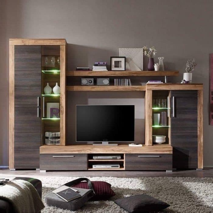 Free-Standing-TV-Unit-with-Raw-Thick-Wooden-Frame-Band-Linear-Lower-Drawers-and-Wooden-Shelves-above-TV-for-placing-Books-and-Artifacts-Vertical-Cabinets-with-Openable-Door-and-Cabinets Design Detail Banner 0