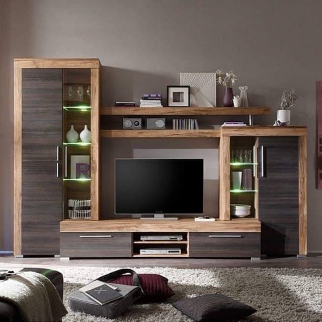 Free-Standing-TV-Unit-with-Raw-Thick-Wooden-Frame-Band-Linear-Lower-Drawers-and-Wooden-Shelves-above-TV-for-placing-Books-and-Artifacts-Vertical-Cabinets-with-Openable-Door-and-Cabinets Swiper Content 0