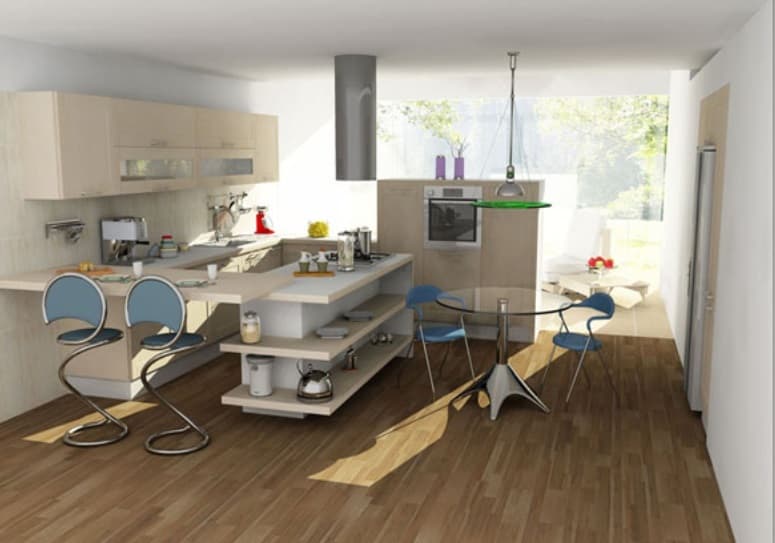 G-Shaped-Modular-Kitchen-with-attached-Dining-Bar-Stools-which-is-then-attached-with-Storage-Cabinet.-It-also-consists-of-Wooden-Upper-Cabinets-Storage-Unit-with-Built-in-Microwave. Design Detail Banner 0