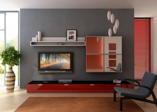 Grey-TV-Unit-Wall-with-Floor-Mounted-Orange-Glossy-Linear-TV-Cabinet Swiper Content 0