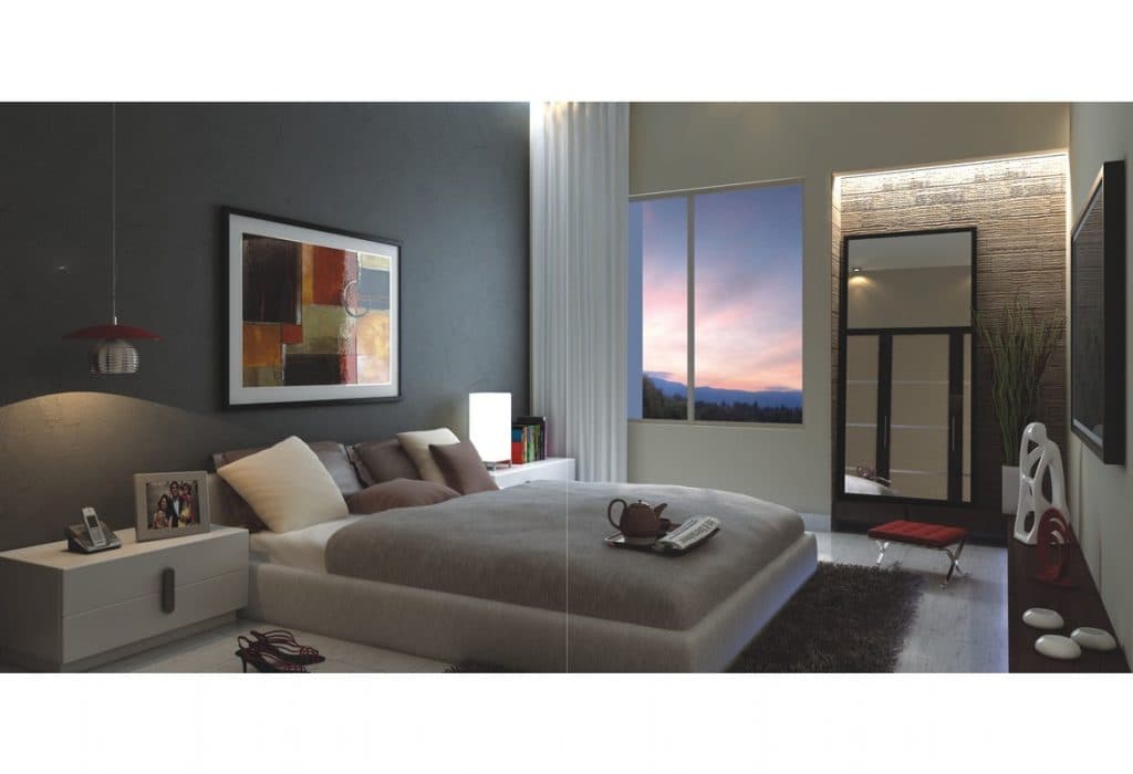 Grey-Themed-Bedroom-accommodating-Wooden-Bed-Side-Tables-Hanging-Pendant-Light-Wall-Painting-for-the-Bed-Backwall Design Detail Banner 0