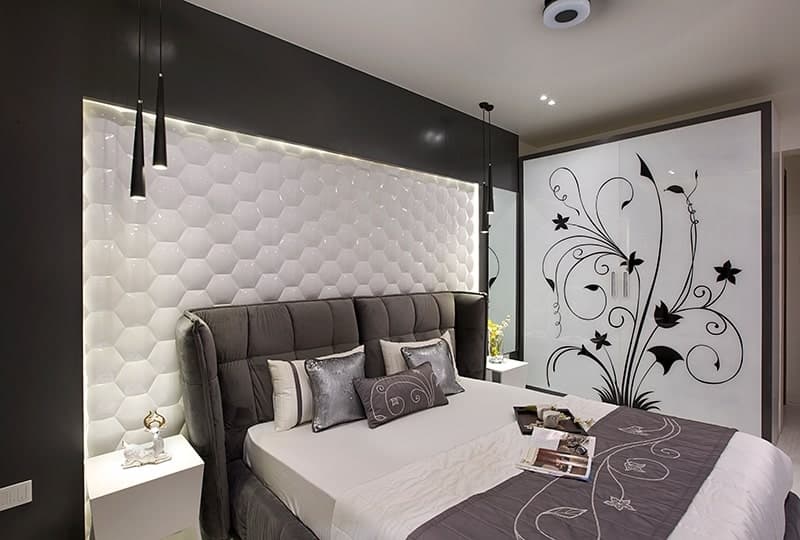 Grey-Themed-Bedroom-with-Velvet-Upholstered-Double-Bed-Tufted-Grey-Velvet-Headboard-Side-Tables-with-Decor-Vase-02 Design Detail Banner 1