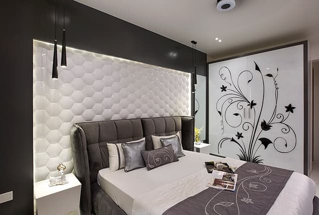 Grey-Themed-Bedroom-with-Velvet-Upholstered-Double-Bed-Tufted-Grey-Velvet-Headboard-Side-Tables-with-Decor-Vase-02 Swiper Content 1