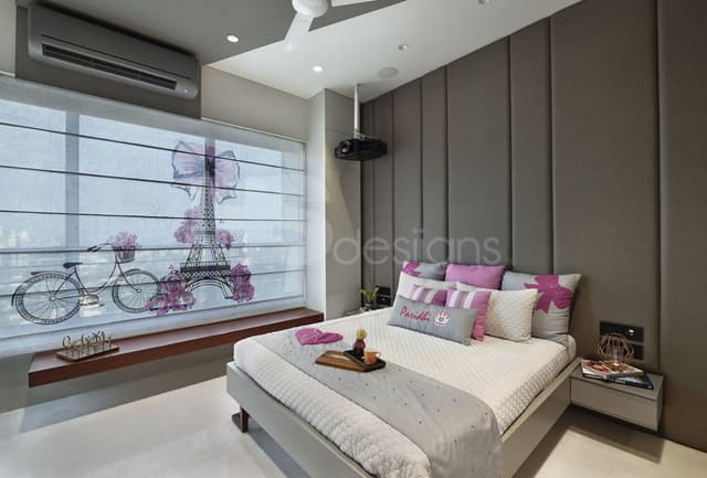 Grey-and-White-Themed-Bedroom-accommodating-Wooden-Double-Bed-with-Wooden-Legs-attached-Wall-Mounted-Side-Tables-Bed-Back-Wall-with-Ceiling-Fitted-Dark-Grey-Upholstered-Wall-Panelling. Swiper Content 0