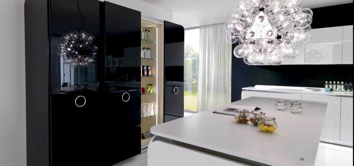 Island-Kitchen-with-White-Marble-Kitchen-Countertop-Storage-below-Bulb-Chandelier-above-One-Wall-Kitchen-Counter-with-Lower-Upper-Kitchen-Cabinets Island Kitchen with White Marble Kitchen Countertop