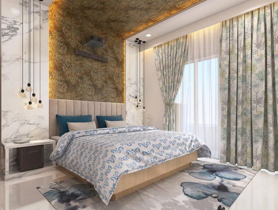 Italian-Marble-Finished-Bedroom-having-Beige-Colour-Bed-with-Cushioned-Backrest-with-the-same-Colour-Side-Table-with-Wooden-Drawers. Italian Marble Finished Bedroom having Beige Colour Bed