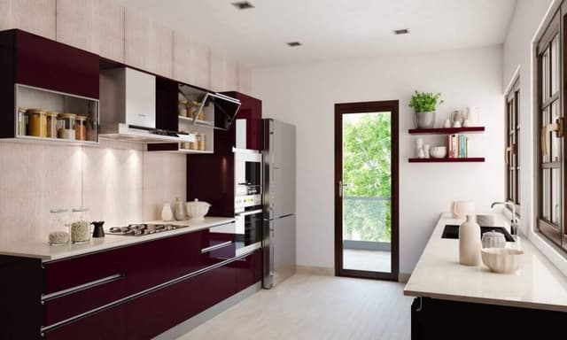 Kitchen-with-Wooden-Flooring-comprises-of-Parallel-Kitchen-Counters-with-White-Marble-Countertop Swiper Content 0