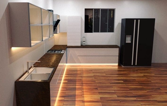 L-Shaped-Kitchen-Layout-with-Wooden-Flooring-Brown-Colour-Countertops-on-White-Coloured-Lower-Cabinets-White-Open-Box-Upper-Cabinets. Design Detail Banner 0