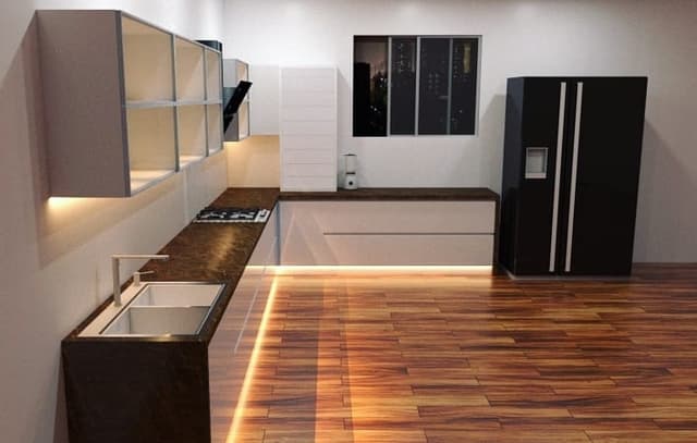L-Shaped-Kitchen-Layout-with-Wooden-Flooring-Brown-Colour-Countertops-on-White-Coloured-Lower-Cabinets-White-Open-Box-Upper-Cabinets. Swiper Content 0