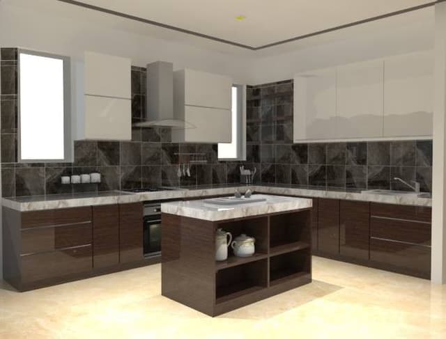 L-Shaped-Kitchen-designed-with-Brown-Coloured-Glossy-Finish Swiper Content 0