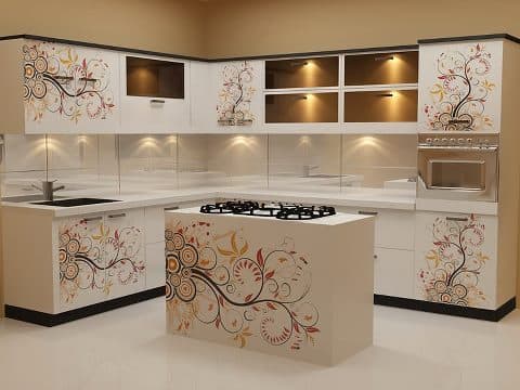 L-Shaped-Kitchen-incorporating-Kitchen-Island-with-Built-in-Gas-Stove-with-Storage-Below-Built-in-Oven-Lower-Upper-Kitchen-Cabinet-with-Floral-Laminate Swiper Content 0