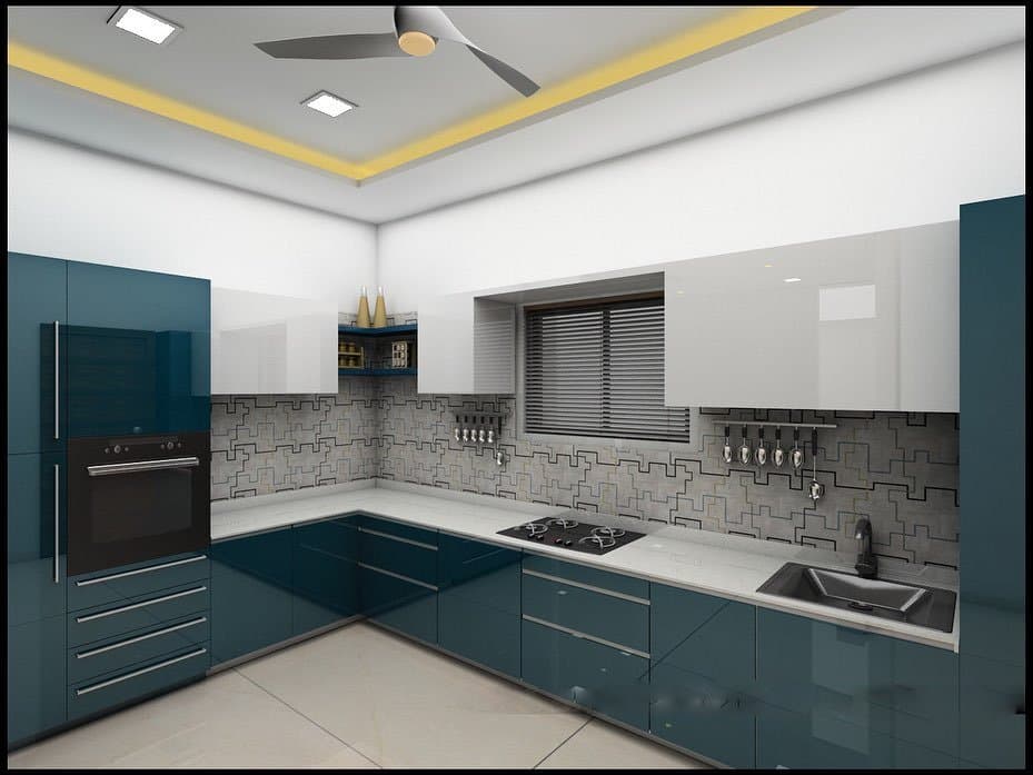 L-Shaped-Kitchen-with-Acrylic-Kitchen-Cabinets-White-Countertop-Teal-Blue-Lower-Tall-Cabinets-Upper-Cabinets-in-White Design Detail Banner 0