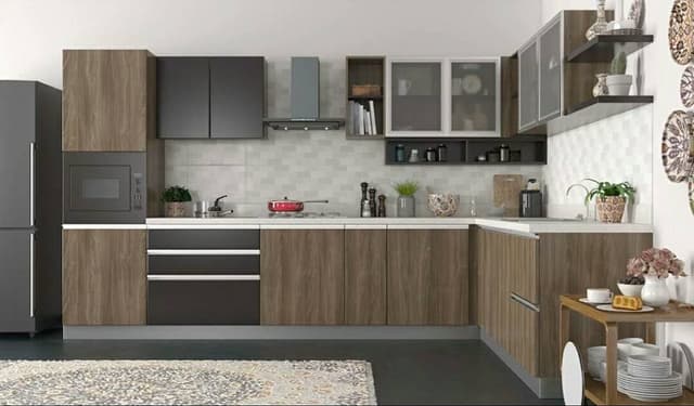 L-Shaped-Kitchen-with-White-Countertop-Lower-Cabinets-with-Profile-Handles-Upper-Cabinets-with-Glazed-Shutters-incl.-Shelves-Open-Boxes-for-Decors Swiper Content 0