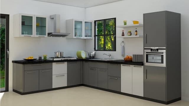 L-Shaped-Modular-Kitchen-in-Grey-White-Theme-with-Black-Granite-Countertop-Gas-Stove-with-Chimney-SS-Single-Bowl-Sink-with-Drainboard Swiper Content 0