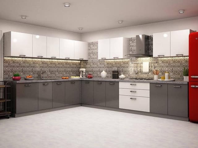 L-shaped-Kitchen-with-Colour-Combination-of-Grey-White-Consist-Built-in-Gas-Stove-Single-Bowl-SS-Sink-Chimney. Swiper Content 0