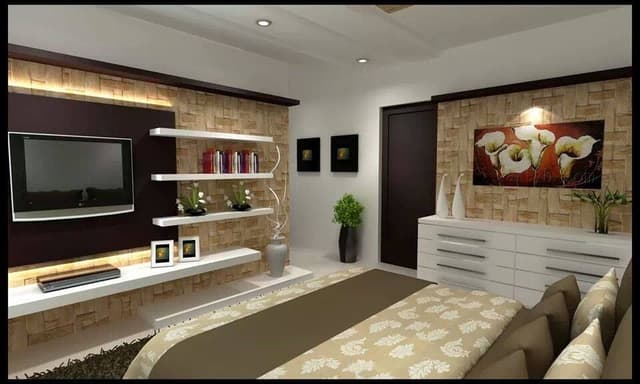 Light-Brown-White-Theme-in-Modern-Bedroom-accommodating-Wooden-Bed Swiper Content 0