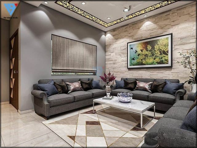 Living-Room-Designed-with-Grey-Coloured-Rolled-Arm-Sofa-Set-with-Cushions-Coffee-Table-with-Italian-Marble-top-Stainless-Steel-Legs-Rug-TV-Unit-2 Swiper Content 1