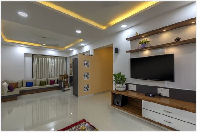 Living-Room-incorporating-Cushioned-Wooden-L-Shaped-Sectional-Sofa-with-Colourful-Cushions-1 Living Room