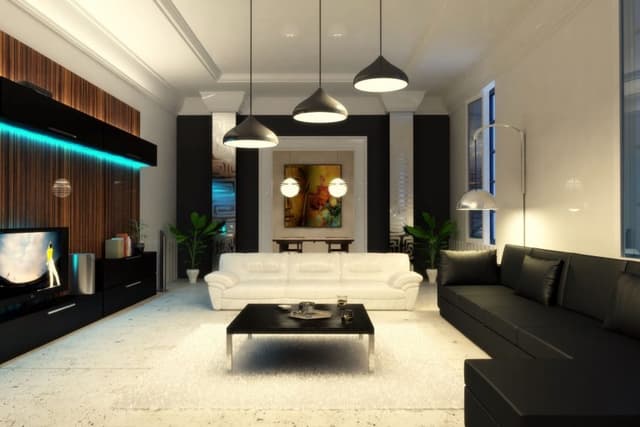 Living-Room-with-Black-Leather-Sectional-Sofa-with-Right-facing-Chaise-White-Leather-3-Seater-Sofa-Coffee-Table-with-Metal-Legs Swiper Content 0