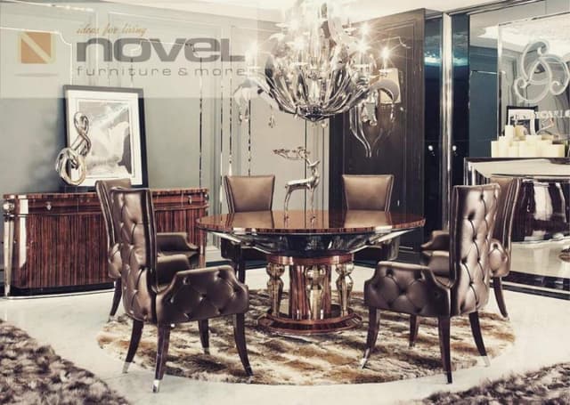 Luxurious-6-Seater-Round-Wooden-Dining-Table-with-Wooden-Table-Top-High-Back-Brown-Coloured-Leather-upholstered-Button-Tufted-High-Back-Dining-Chairs Swiper Content 0