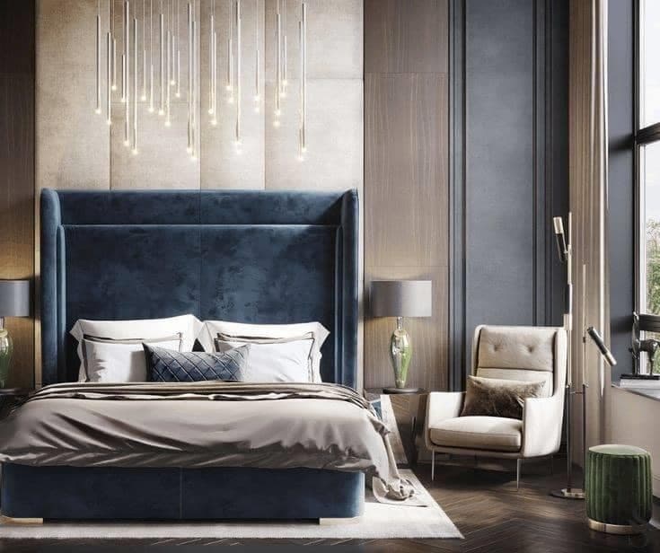Luxurious-Contemporary-Bedroom-incorporating-Double-Bed-with-High-Wingback-Velvet-Upholstered-Headboard-Side-Tables-with-Table-Lamps Design Detail Banner 0