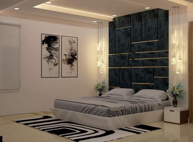 Minimalist-Bedroom-accommodating-Low-heighted-Wooden-Bed-Ceiling-Fitted-Black-Velvet-Upholstered-Headboard-highlighted-with-Golden-Stripes-Floor-Mounted-Wooden-Side-Tables Swiper Content 0