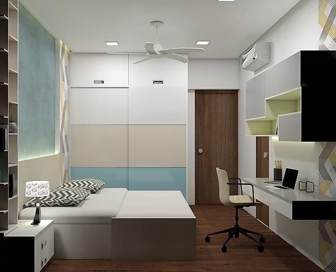 Minimalist-Bedroom-accommodating-White-Coloured-Trundle-Bed-Side-Tables-with-Lamp-on-it. Design Detail Banner 0