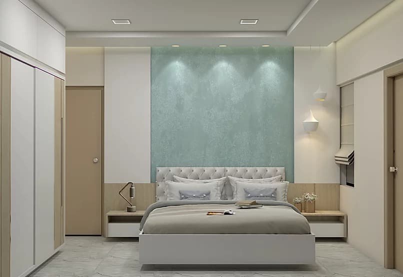 Minimalist-Bedroom-accommodating-Wooden-Bed-Side-Tables-with-Table-Lamp-Small-Vases Design Detail Banner 0