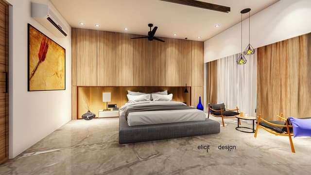 Minimalist-Bedroom-incorporating-Upholstered-Bed-attached-Side-Tables-with-Table-Lamp-Pendant-Light-above-Flower-Vase-Large-Framed-Wall-Painting-on-one-Wall-Upper-Cabinets-on-Bed-Back-Wall Swiper Content 1