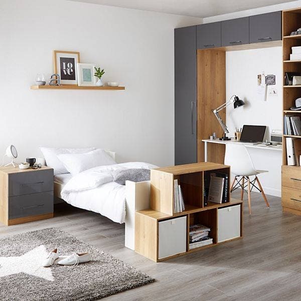 Minimalistic-Bedroom-in-White-Grey-Wood-Theme.-A-Single-Bed-with-an-End-Box-Storage-Side-Table-with-Drawers-Study-Table Swiper Content 0