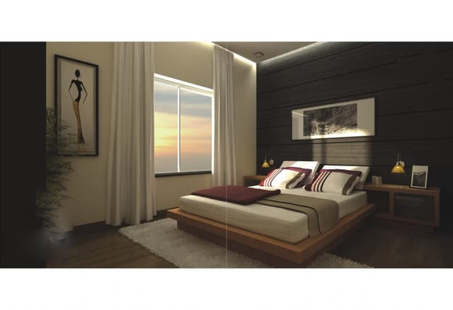 Modern-Bedroom-designed-with-Wooden-Bed-Side-Tables-Wall-Painting-on-Bed-Backwall-Windows-covered-by-White-Coloured-Drapes Swiper Content 0