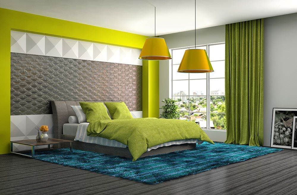 Modern-Bedroom-in-Green-Theme-accommodating-Wooden-Bed-Low-Heighted-Side-Table-Hanging-Pendant-Lights Design Detail Banner 0