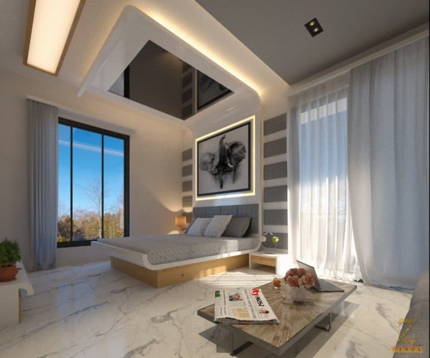 Modern-Bedroom-with-Wooden-Bed-continuing-in-Headboard-as-well-as-Ceiling-with-Grey-Fabric-Upholstered-Backrest-Wall-Framed-Art-with-Wooden-Frame-highlighted-with-LED-Light. Design Detail Banner 0