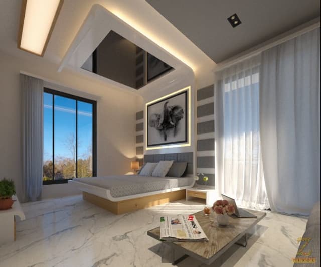 Modern-Bedroom-with-Wooden-Bed-continuing-in-Headboard-as-well-as-Ceiling-with-Grey-Fabric-Upholstered-Backrest-Wall-Framed-Art-with-Wooden-Frame-highlighted-with-LED-Light. Swiper Content 0