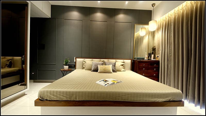 Modern-Bedroom-with-Wooden-Double-Bed-with-Upholstered-Headboard-storage-below-Dark-Grey-Coloured-Paneled-Bed-Backwall-with-Beading-2 Modern Bedroom with Wooden Double
