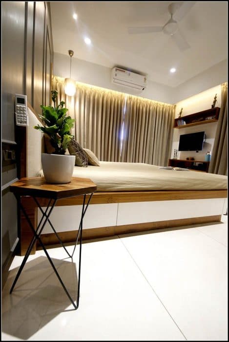 Modern-Bedroom-with-Wooden-Double-Bed-with-Upholstered-Headboard-storage-below-Dark-Grey-Coloured-Paneled-Bed-Backwall-with-Beading-3 Modern Bedroom with Wooden Double