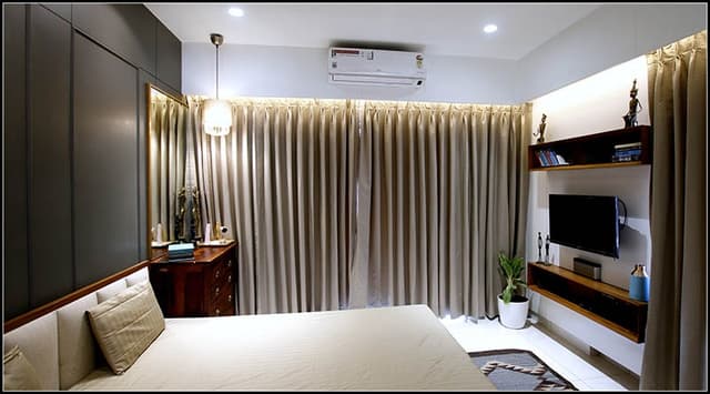 Modern-Bedroom-with-Wooden-Double-Bed-with-Upholstered-Headboard-storage-below-Dark-Grey-Coloured-Paneled-Bed-Backwall-with-Beading-4 Modern Bedroom with Wooden Double