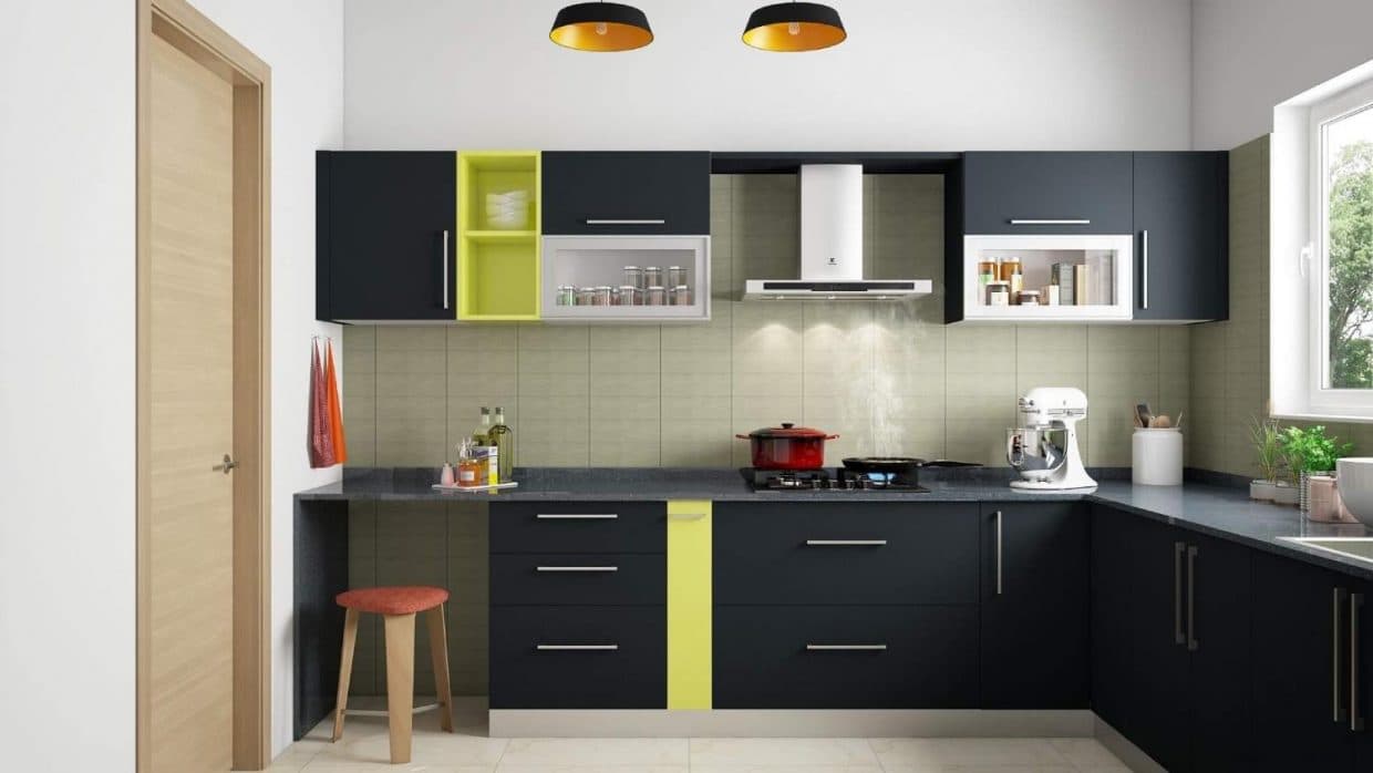 Modern-L-Shaped-Modular-Kitchen-in-Matte-Yellow-Black-White-Colour-Scheme. Design Detail Banner 0