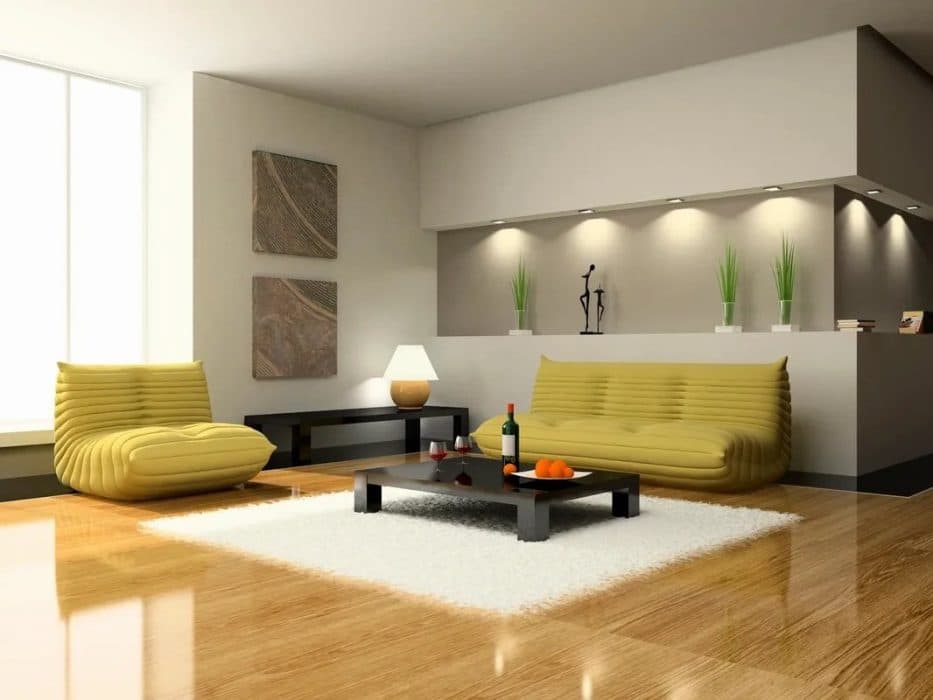 Modern-Minimalist-designed-Living-Room-incorporating-Floor-Sofa-Set-in-Yellow-Low-Heighted-Floor-Coffee-Table-placed-on-a-White-Rug-Side-Table-with-a-Table-Lamp-placed-on-it. Design Detail Banner 0