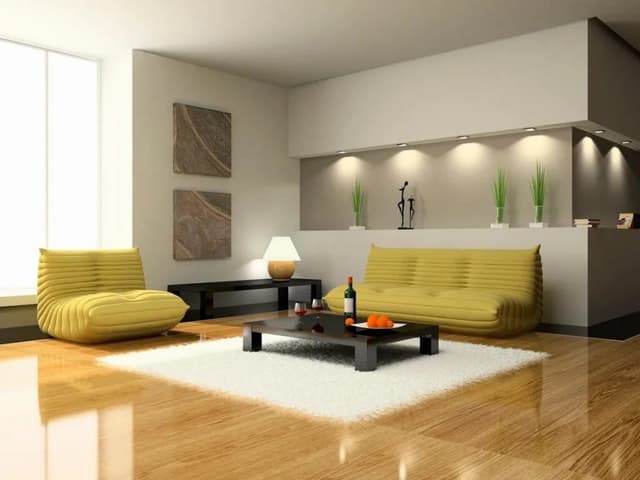 Modern-Minimalist-designed-Living-Room-incorporating-Floor-Sofa-Set-in-Yellow-Low-Heighted-Floor-Coffee-Table-placed-on-a-White-Rug-Side-Table-with-a-Table-Lamp-placed-on-it. Swiper Content 0