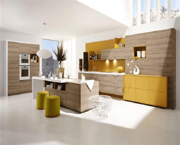 Modern-Ochre-Yellow-highlighted-Single-Wall-Kitchen-with-Skylights-comprises-the-Rectangular-Kitchen-Island-with-White-Counter-top-and-Storage-below-incl.-Potted-Plants-and-Pendant-Light. Swiper Content 0