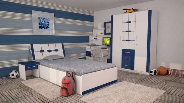Modern-Teenager-Bedroom-in-Blue-Grey-Theme-accommodating-Wooden-Single-Bed Swiper Content 0