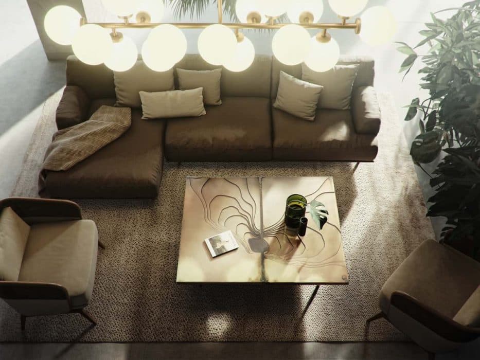 Modish-Sectional-Sofa-with-Left-Facing-Chaise-Low-Heighted-Upholster-Armchairs-with-Wooden-Arms-Coffee-Table-with-an-Illition-of-Contours-on-Top. Design Detail Banner 0